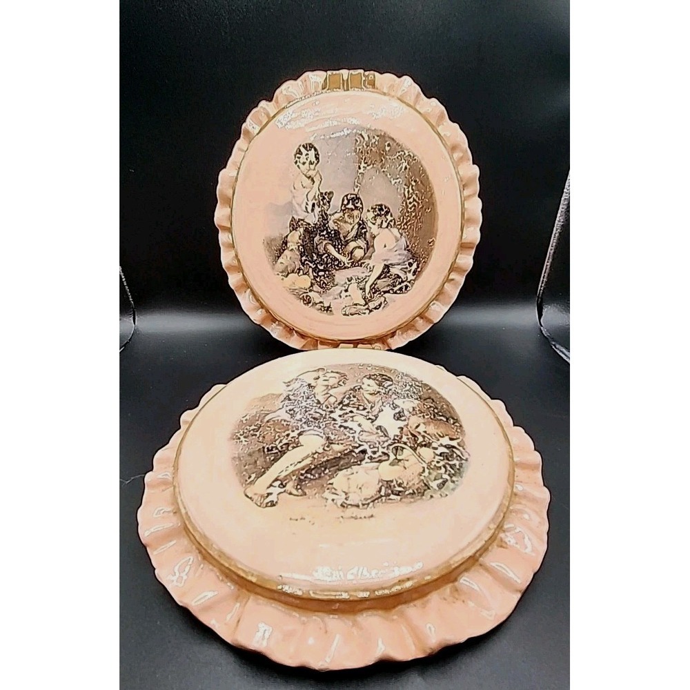 Set Of Two Vintage Glazed Cermaic Hot Pads/ Wall Hangings W/ Victorian Scene
